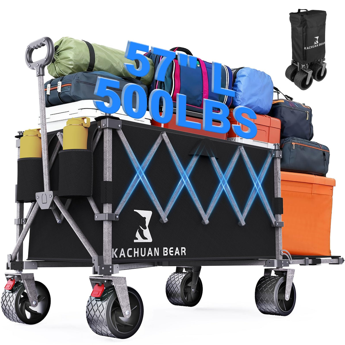 57" L Collapsible Foldable Wagon with Tailgate & Brake, 500LBS Heavy Duty Beach Wagons with All-Terrain Big Wheels, 300L Folding Utility Cart (Black) U75027