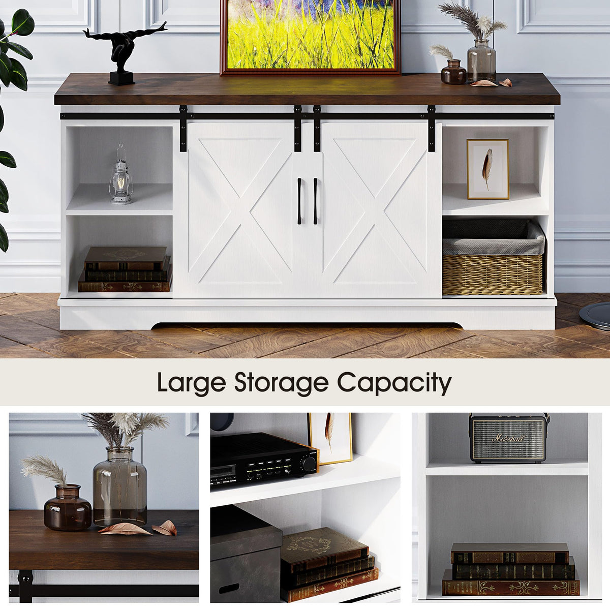 White Farmhouse TV Stand with Sliding Barn Doors and Adjustable Shelf U957