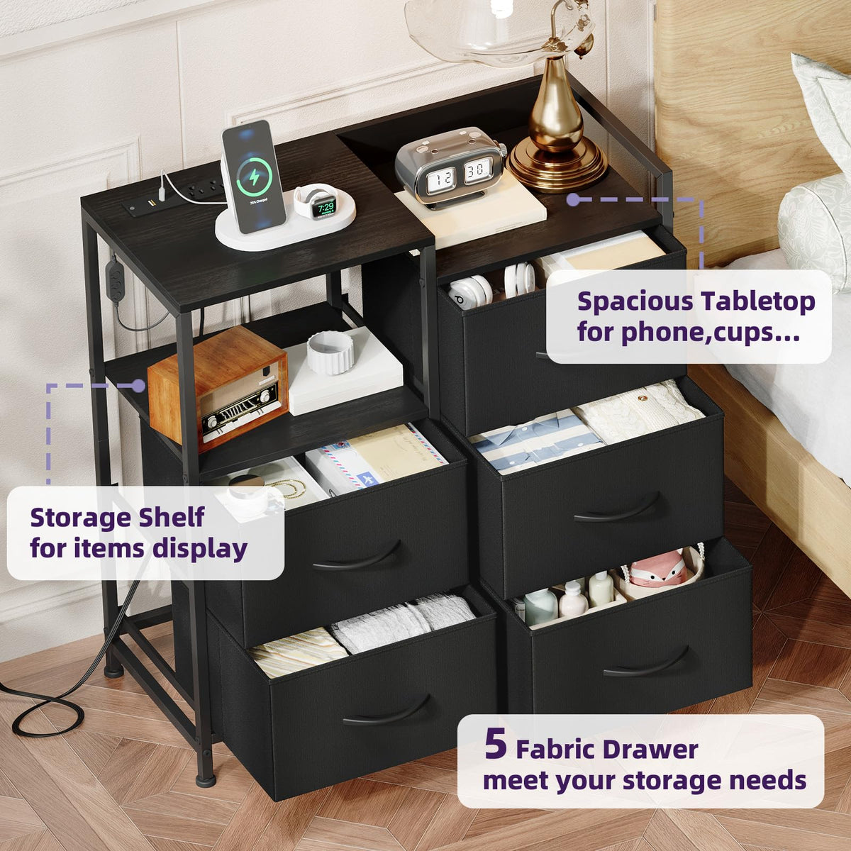 Wide 5 Drawer Nightstand with Charging Station & LED Light O334