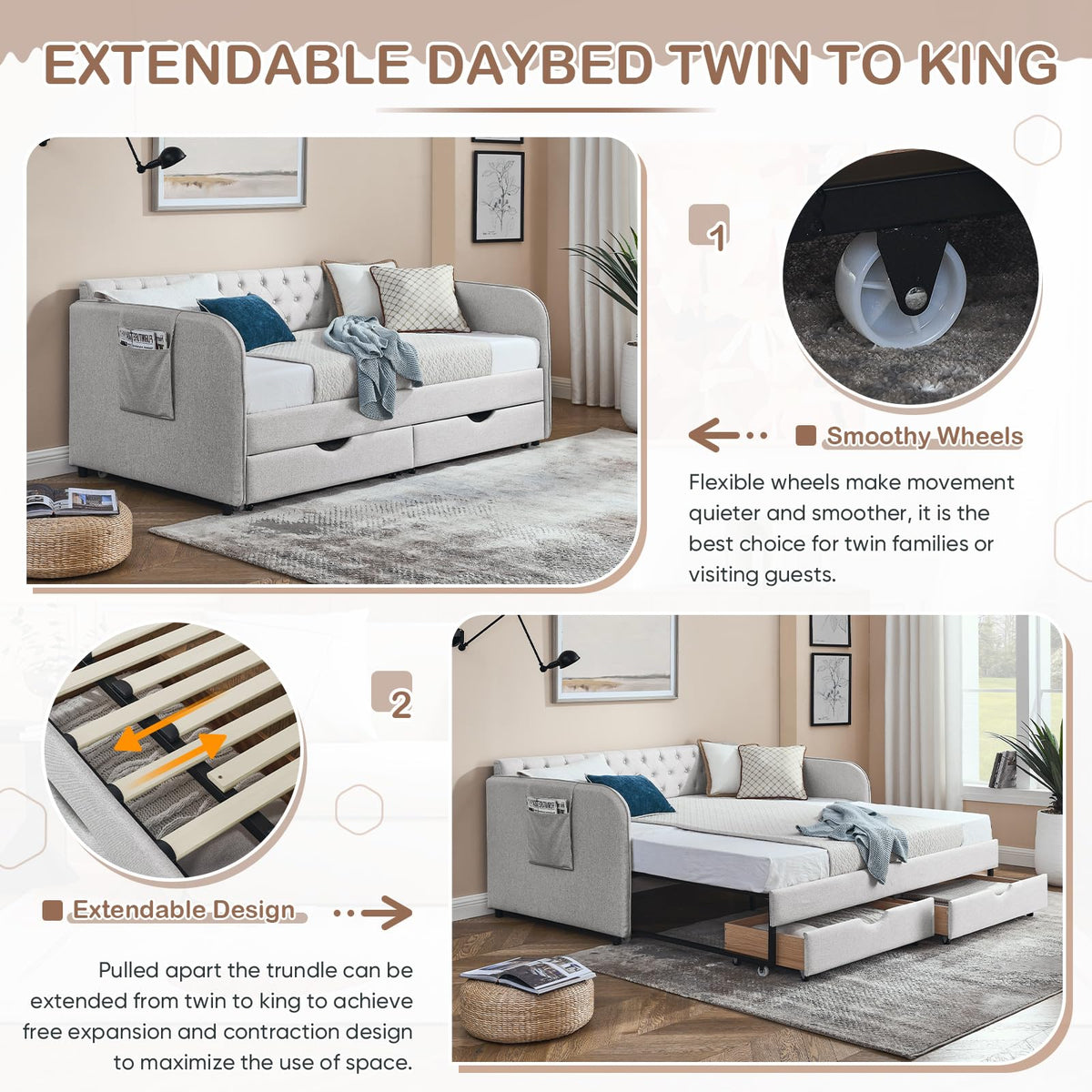 80.5" Button Tufted Linen Daybed with Drawer and Trundle T683
