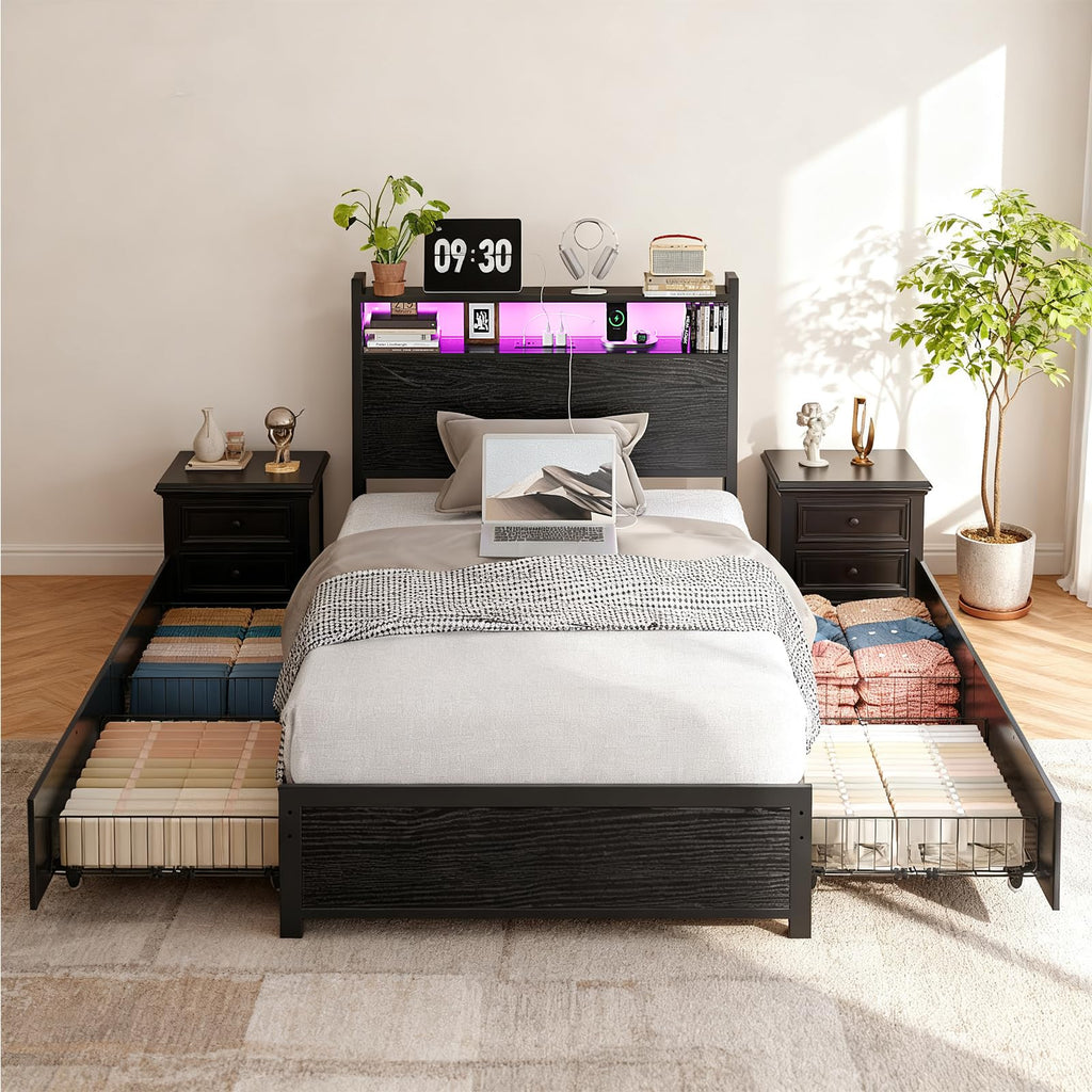 Black Twin Size Metal Bed Frame with 4 Drawers and Storage Headboard W61120