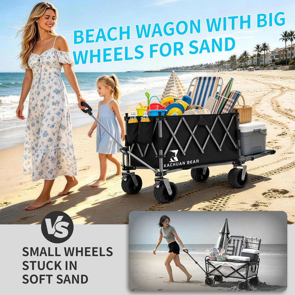 57" L Collapsible Foldable Wagon with Tailgate & Brake, 500LBS Heavy Duty Beach Wagons with All-Terrain Big Wheels, 300L Folding Utility Cart (Black) U75027