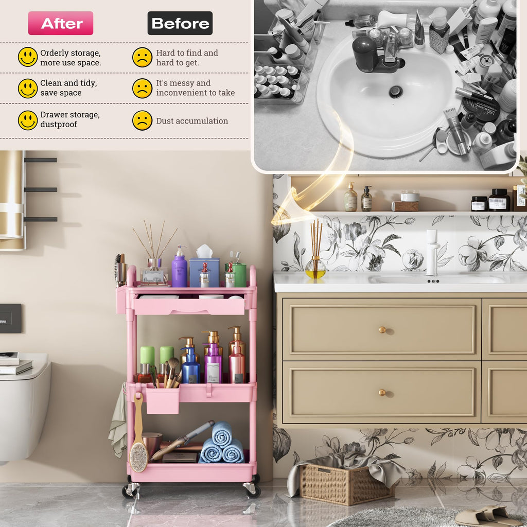 Pink 3 Tier Rolling Makeup Organizer Cart U593724