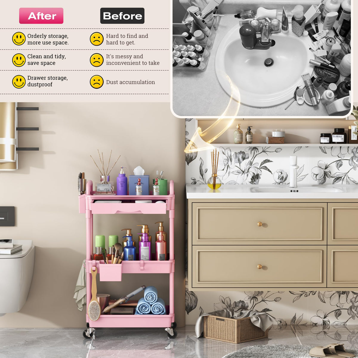 Pink 3 Tier Rolling Makeup Organizer Cart U593724
