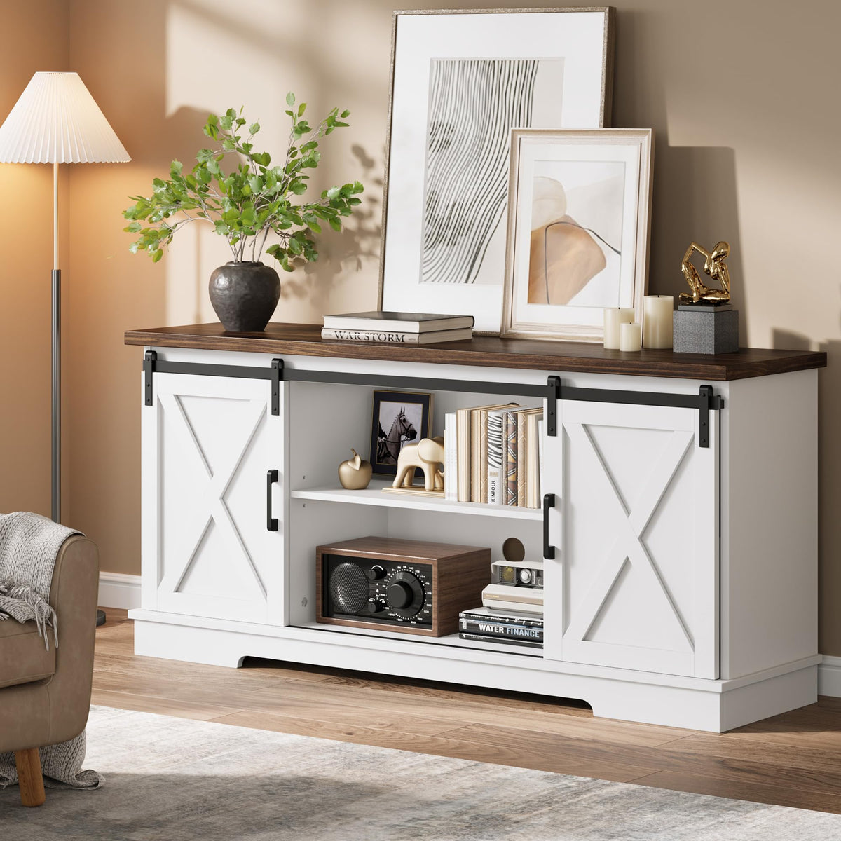 White Farmhouse TV Stand with Sliding Barn Doors and Adjustable Shelf U957