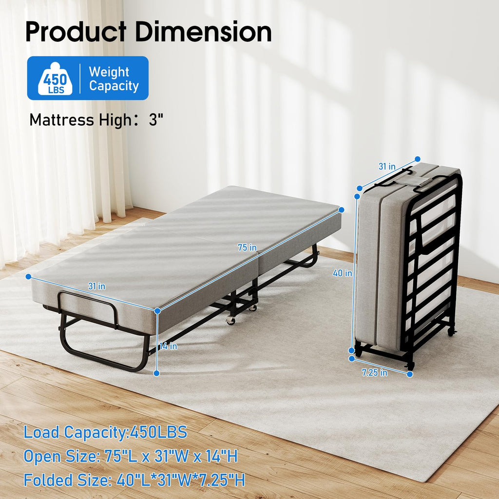 Folding Bed with Mattress, Memory Foam and Metal Frame, 75" x 31" N830