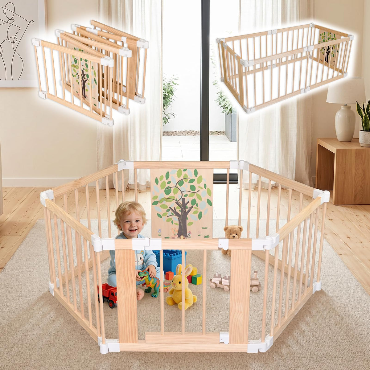 Foldable Wooden Baby Playpen with Adjustable Size and Shape E739