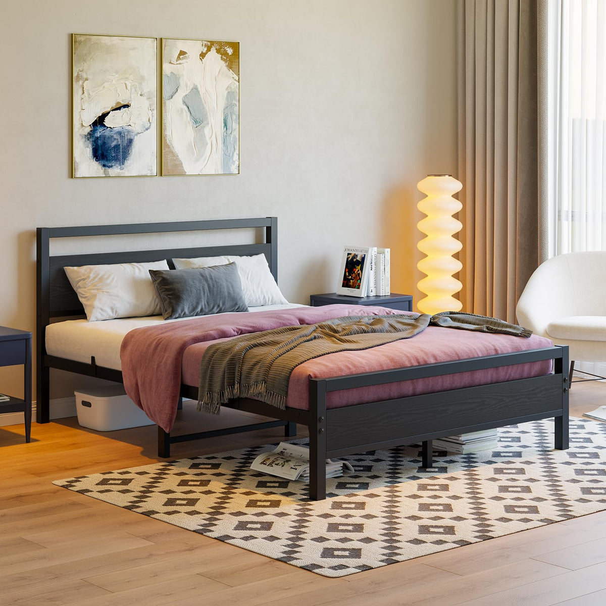 Black Full Size Bed Frame with Wood Headboard and Storage M1514