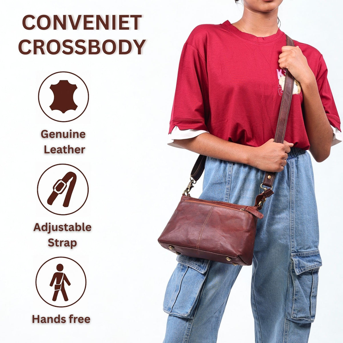Small Genuine Leather Crossbody Bag with 3 Zipper Pockets M6576