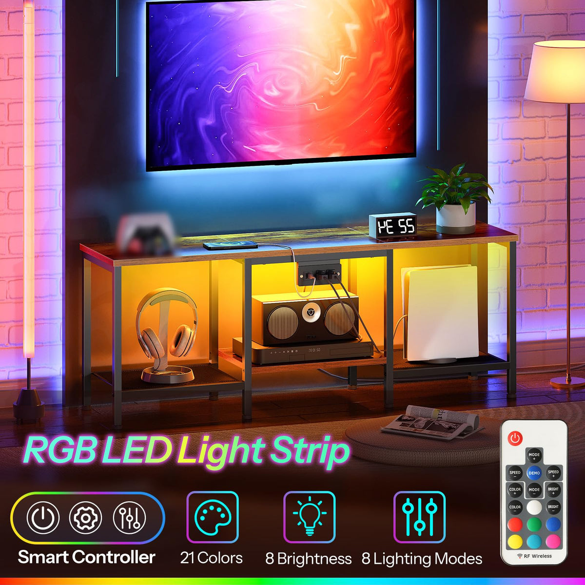 Rustic Brown and Black TV Stand with Charging Station P7157