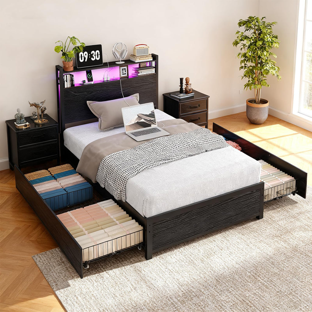 Black Twin Size Metal Bed Frame with 4 Drawers and Storage Headboard W61120