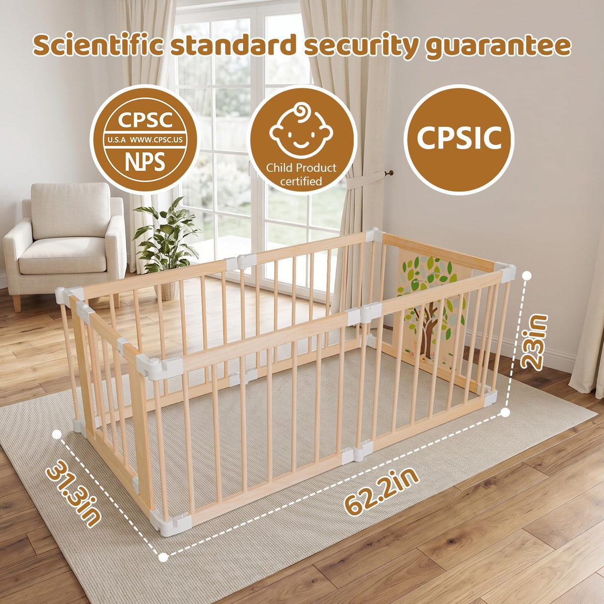 Foldable Wooden Baby Playpen with Adjustable Size and Shape E739