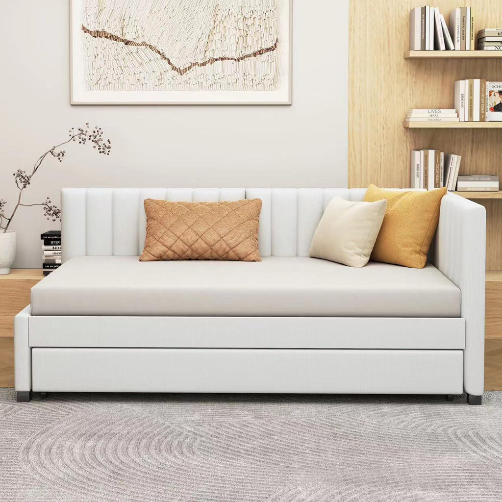 Beige Linen Upholstered Daybed with Trundle Twin Size R92542