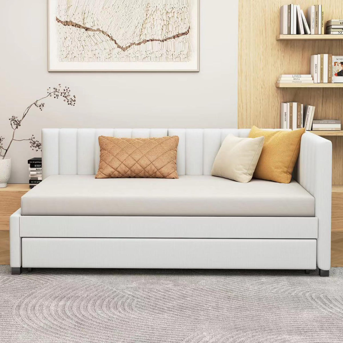 Beige Linen Upholstered Daybed with Trundle Twin Size R92542