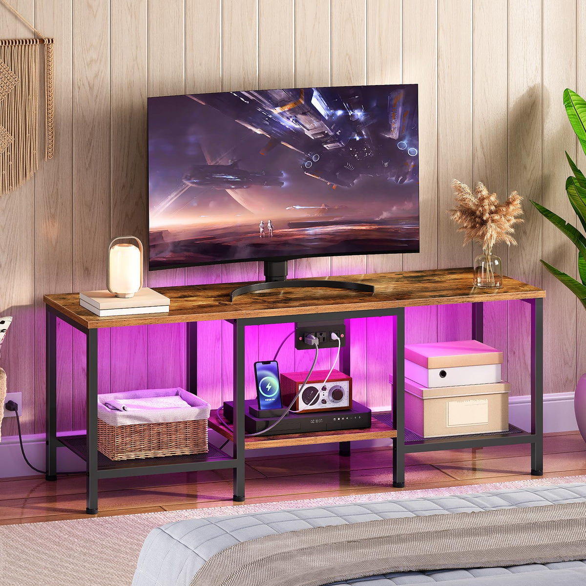 Rustic Brown and Black TV Stand with Charging Station P7157