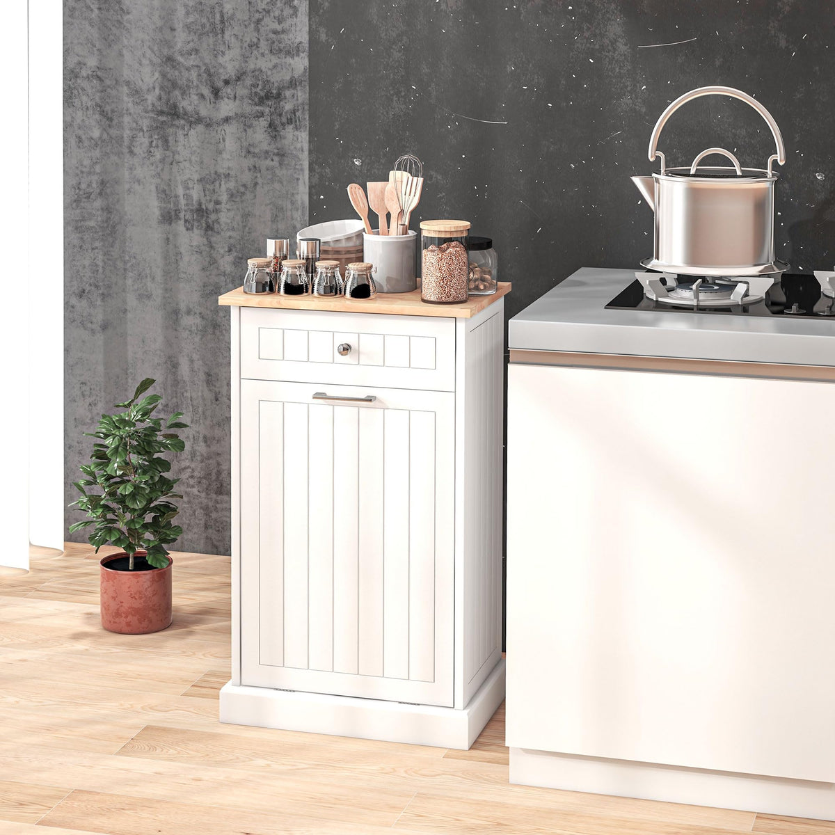 White Wooden 10 Gallon Tilt-Out Trash Cabinet with Drawer L96504