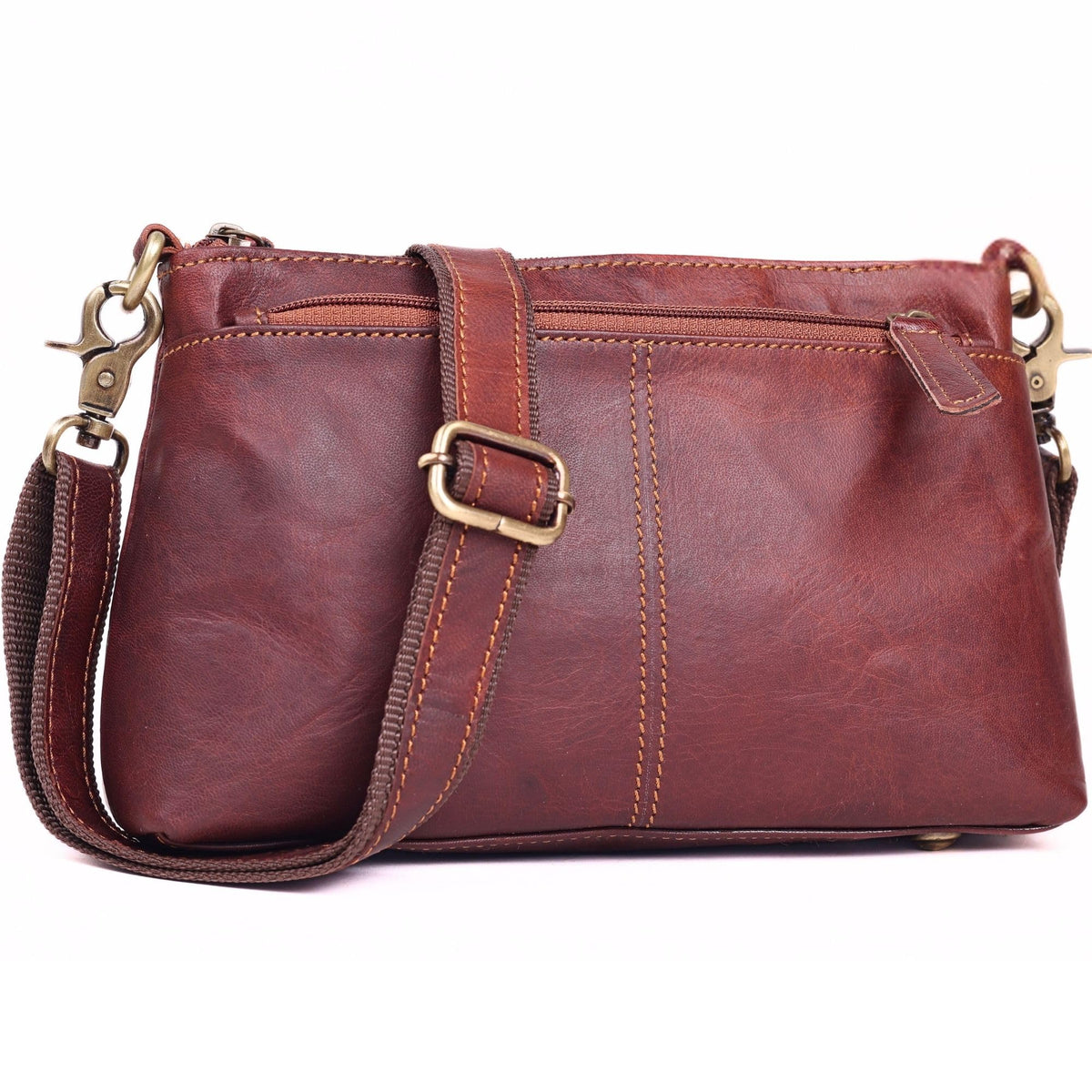 Small Genuine Leather Crossbody Bag with 3 Zipper Pockets M6576