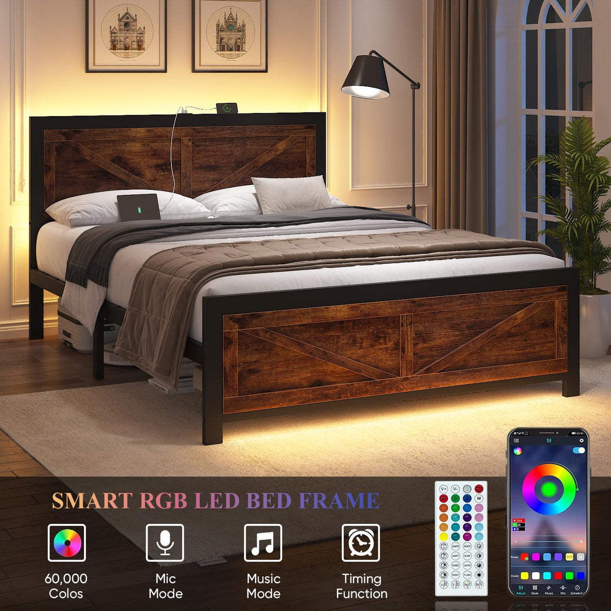 King Size Led Bed Frame with USB Charging Station Q390