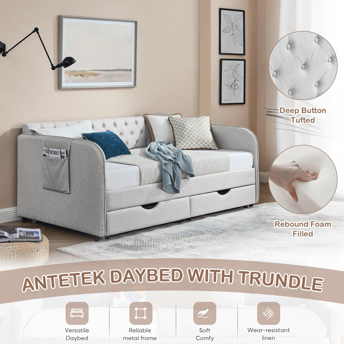 80.5" Button Tufted Linen Daybed with Drawer and Trundle T683