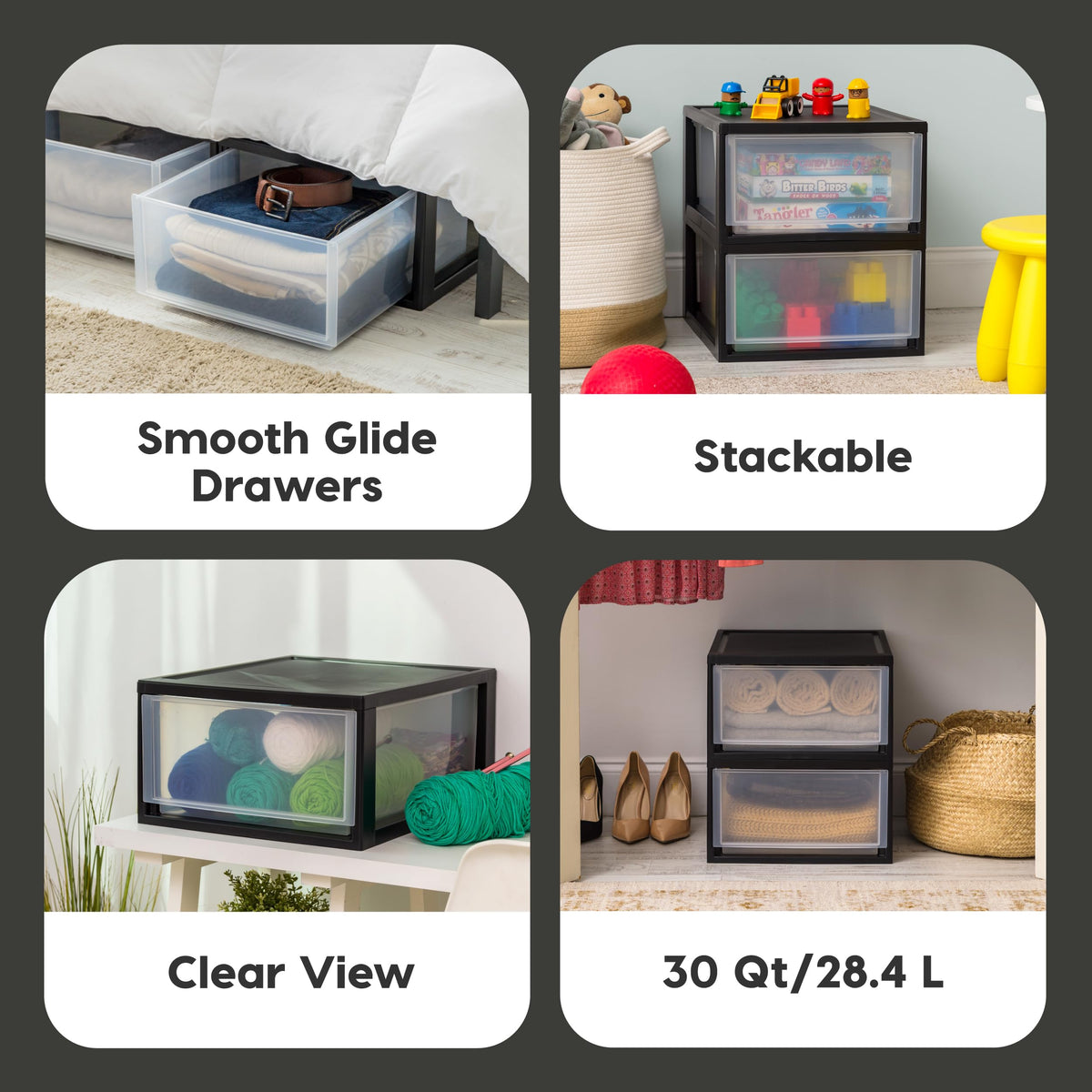 2-Pack 30 Qt. Black Stacking Drawer Organizer T806