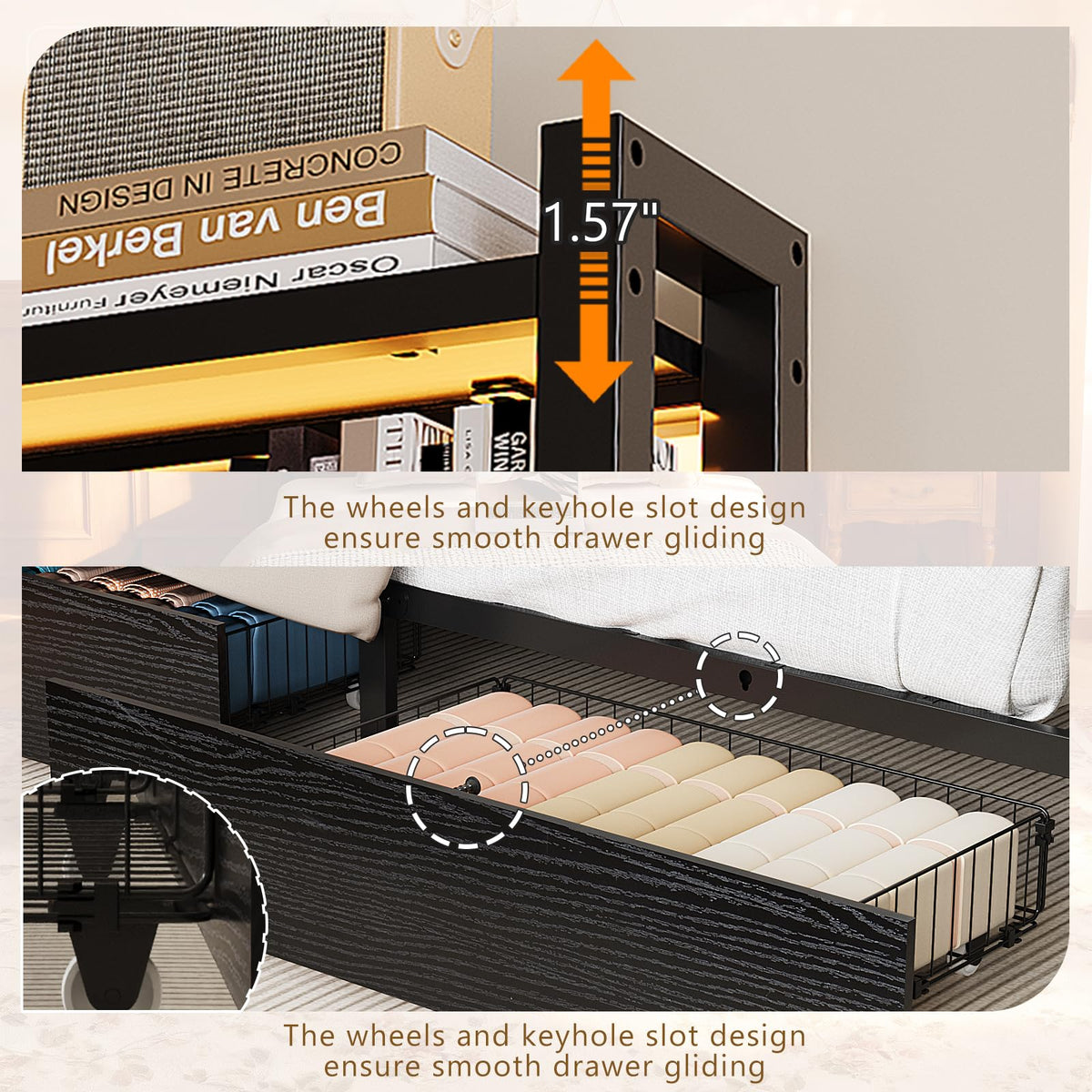 Black Twin Size Metal Bed Frame with 4 Drawers and Storage Headboard W61120