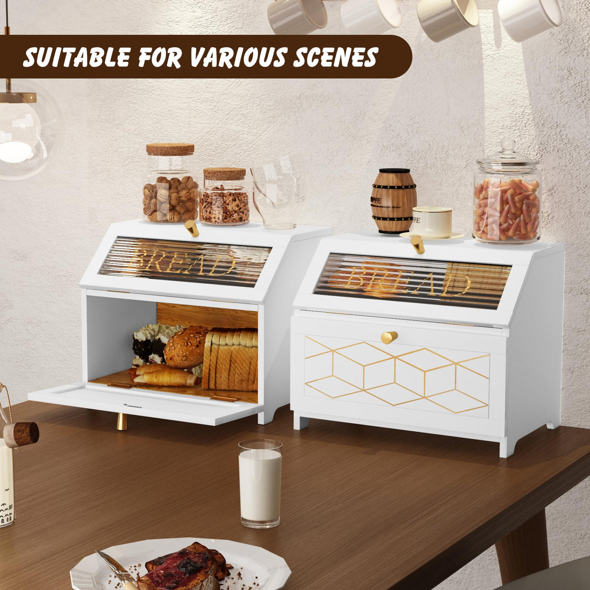 Double Layer Wooden Bread Box with Golden Trim S634863