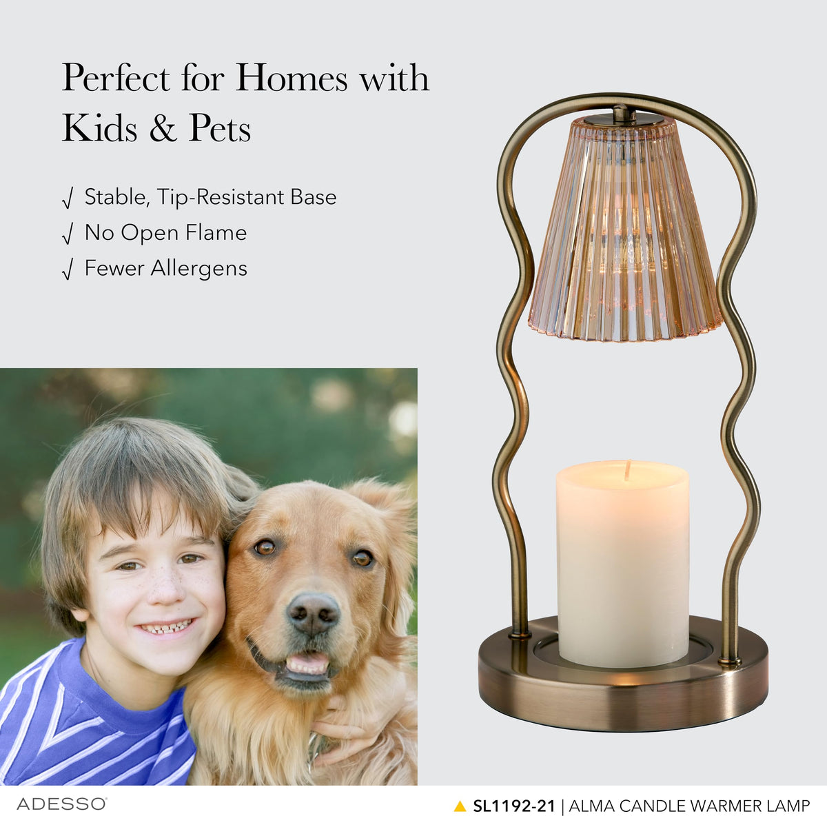 Candle Warmer Lamp, Antique Brass & Ribbed Glass, Dimmable J849