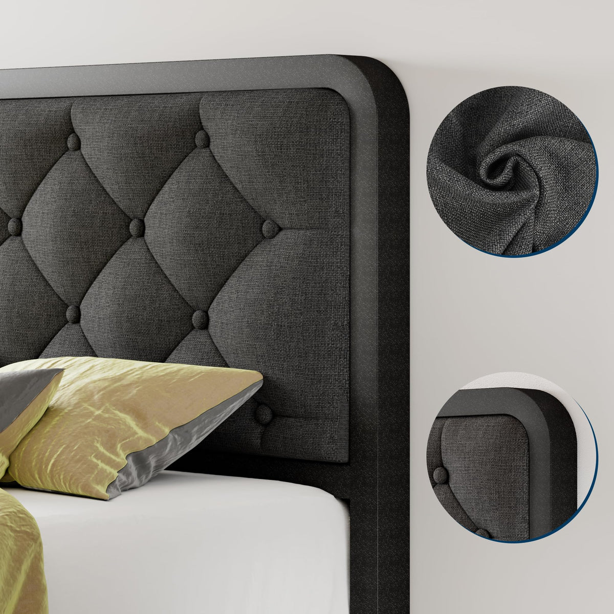 Twin Metal Platform Bed Frame with Linen Upholstered Headboard G3103