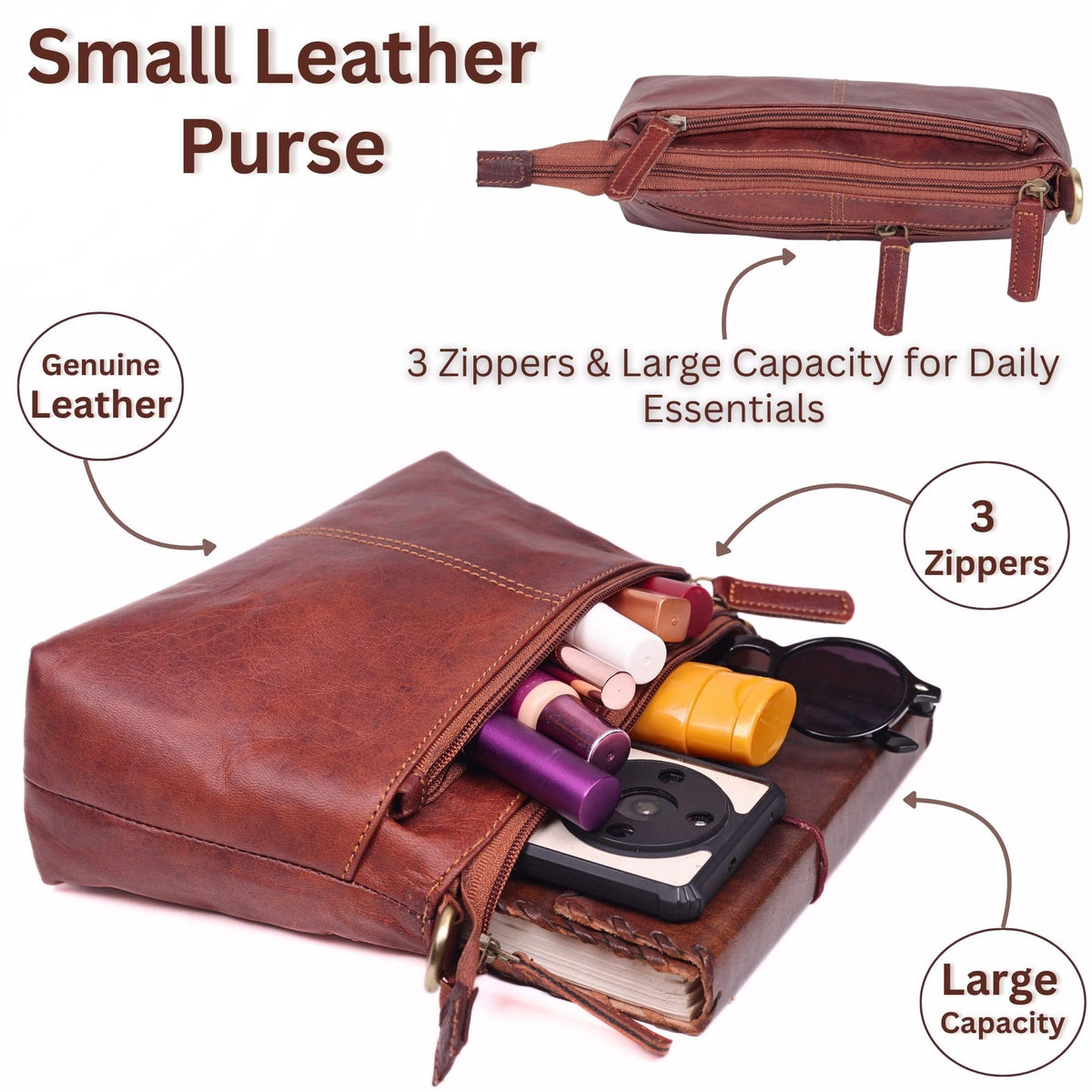 Small Genuine Leather Crossbody Bag with 3 Zipper Pockets M6576