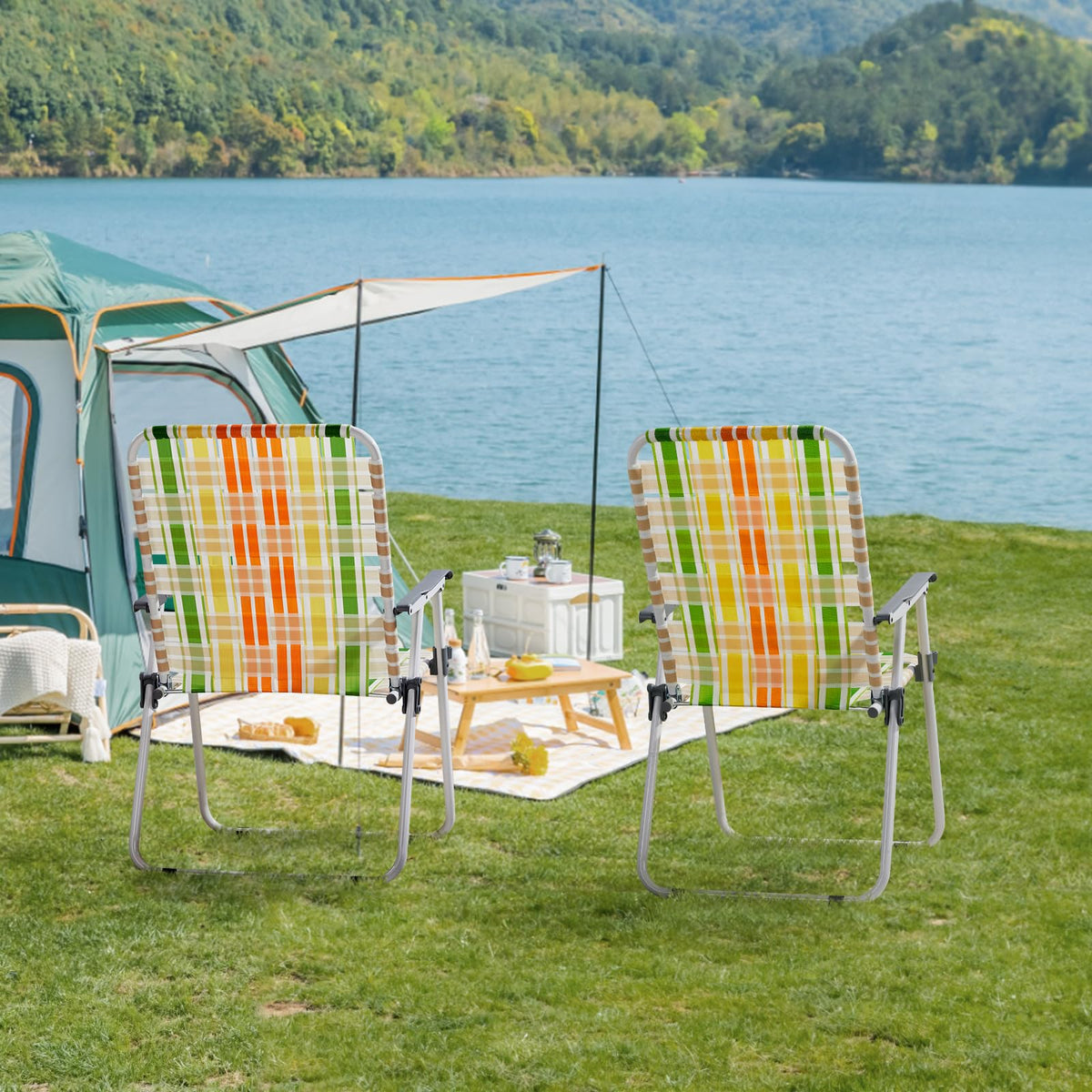 Set of 2 Webbed Folding Beach Chairs Yellow & Green Q94170