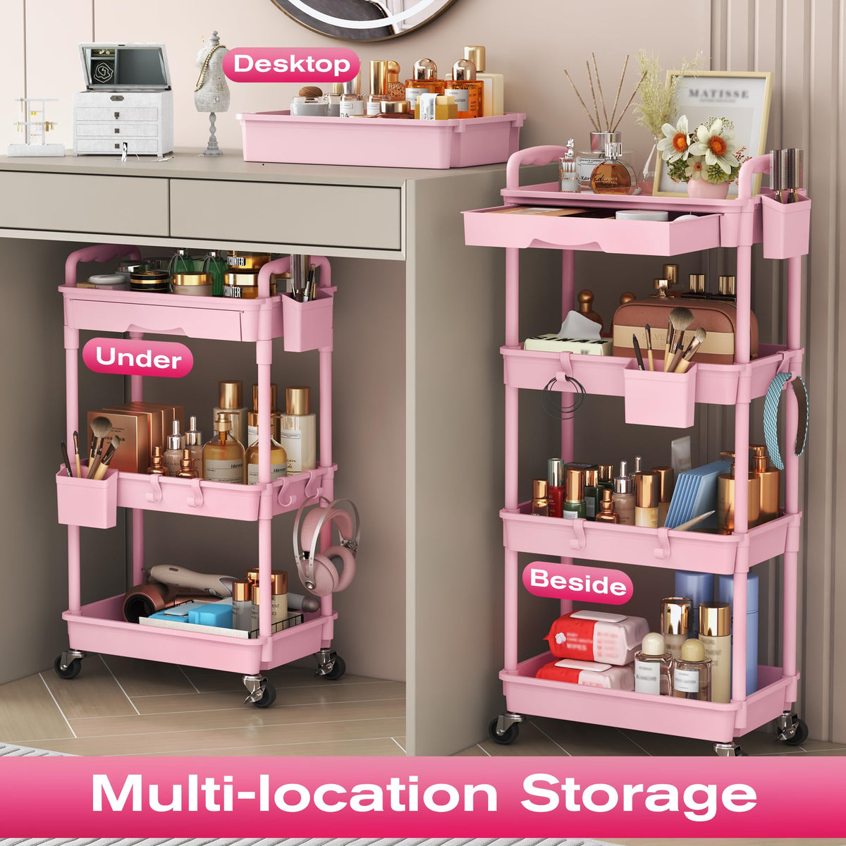 Pink 3 Tier Rolling Makeup Organizer Cart U593724