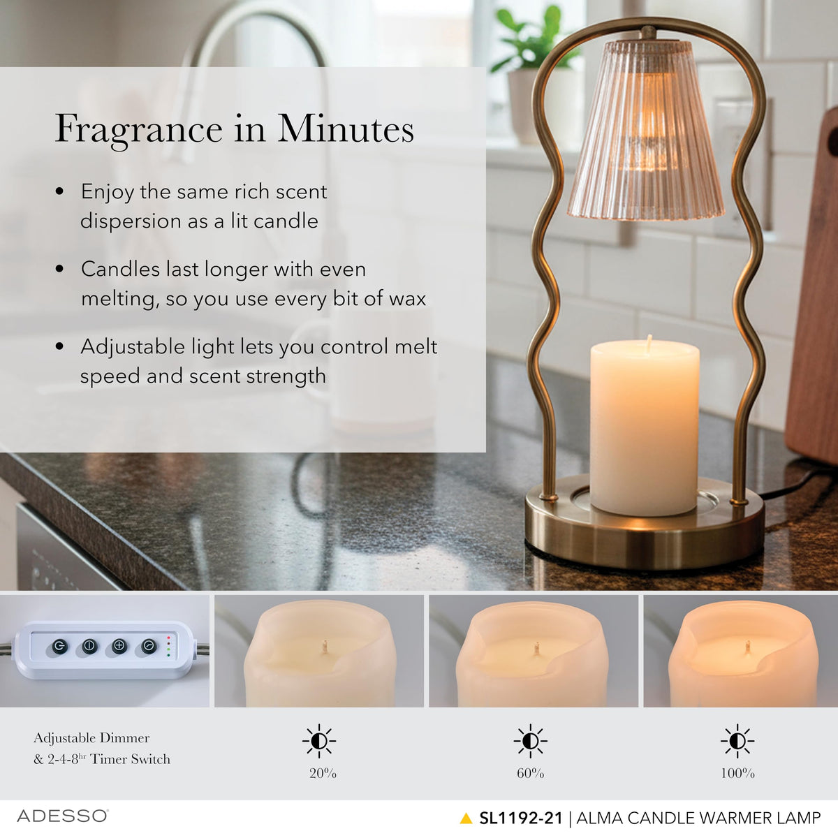 Candle Warmer Lamp, Antique Brass & Ribbed Glass, Dimmable J849