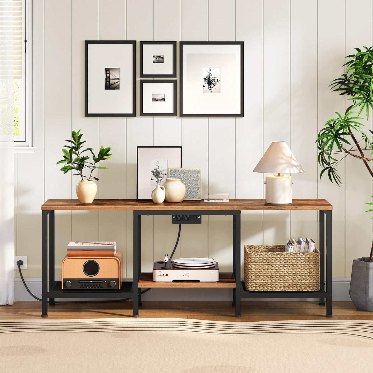 Rustic Brown and Black TV Stand with Charging Station P7157