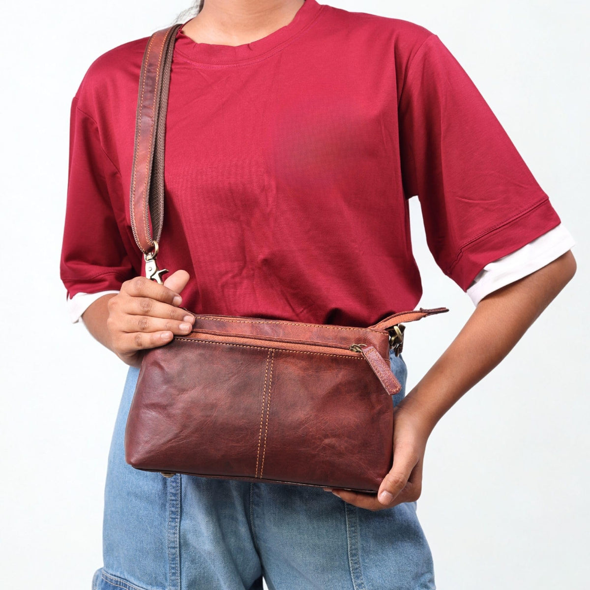 Small Genuine Leather Crossbody Bag with 3 Zipper Pockets M6576