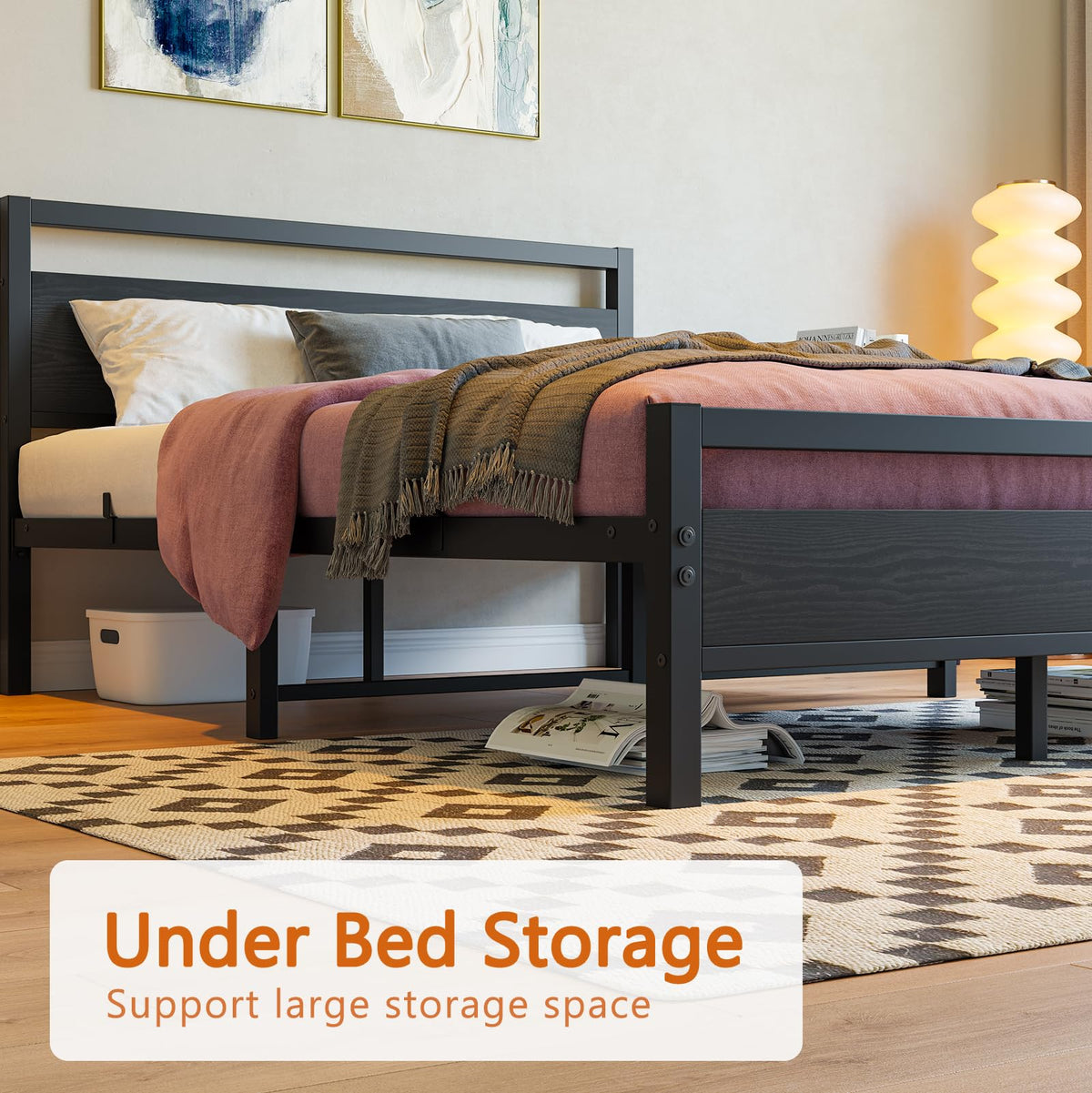 Black Full Size Bed Frame with Wood Headboard and Storage M1514