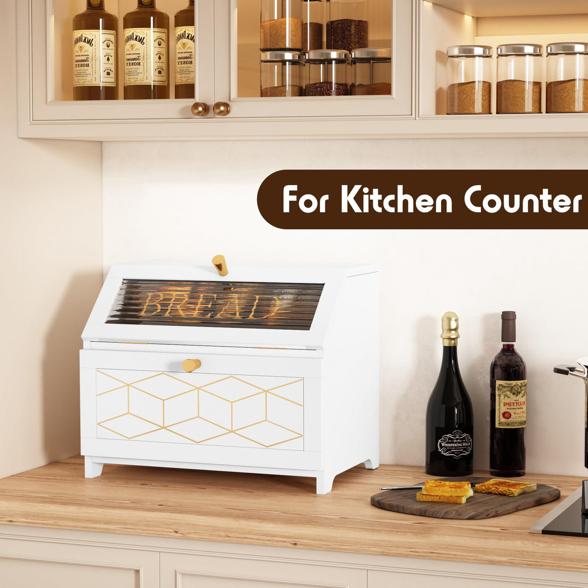 Double Layer Wooden Bread Box with Golden Trim S634863