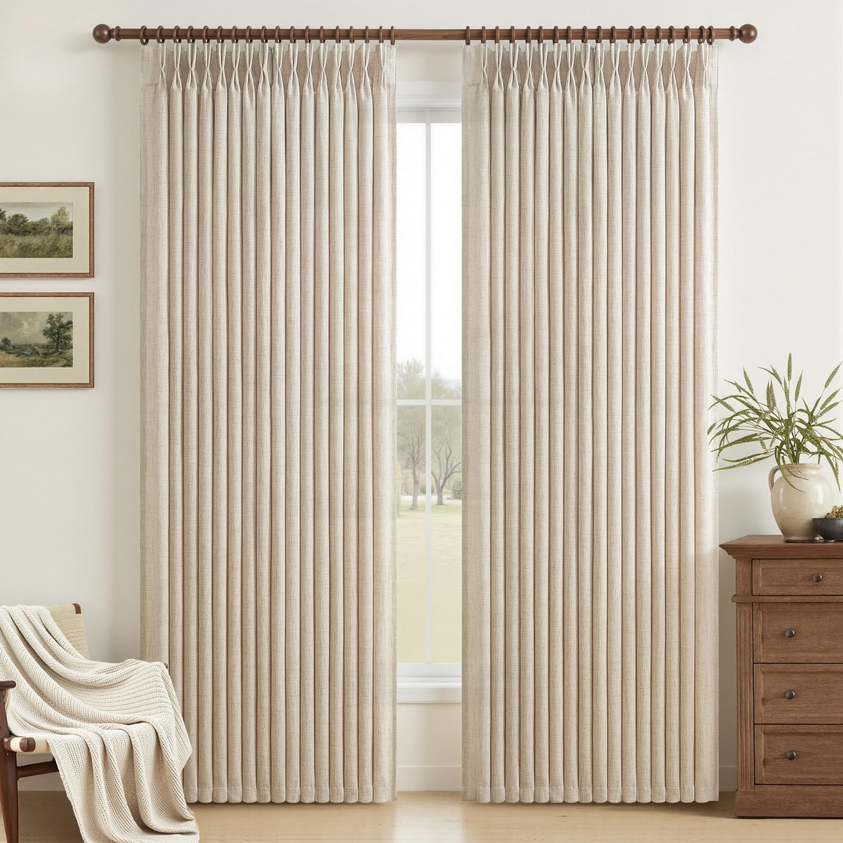 Natural Linen Pleated Curtains 86 Inches Long 50 Inch Wide 2 Panels Set D579363
