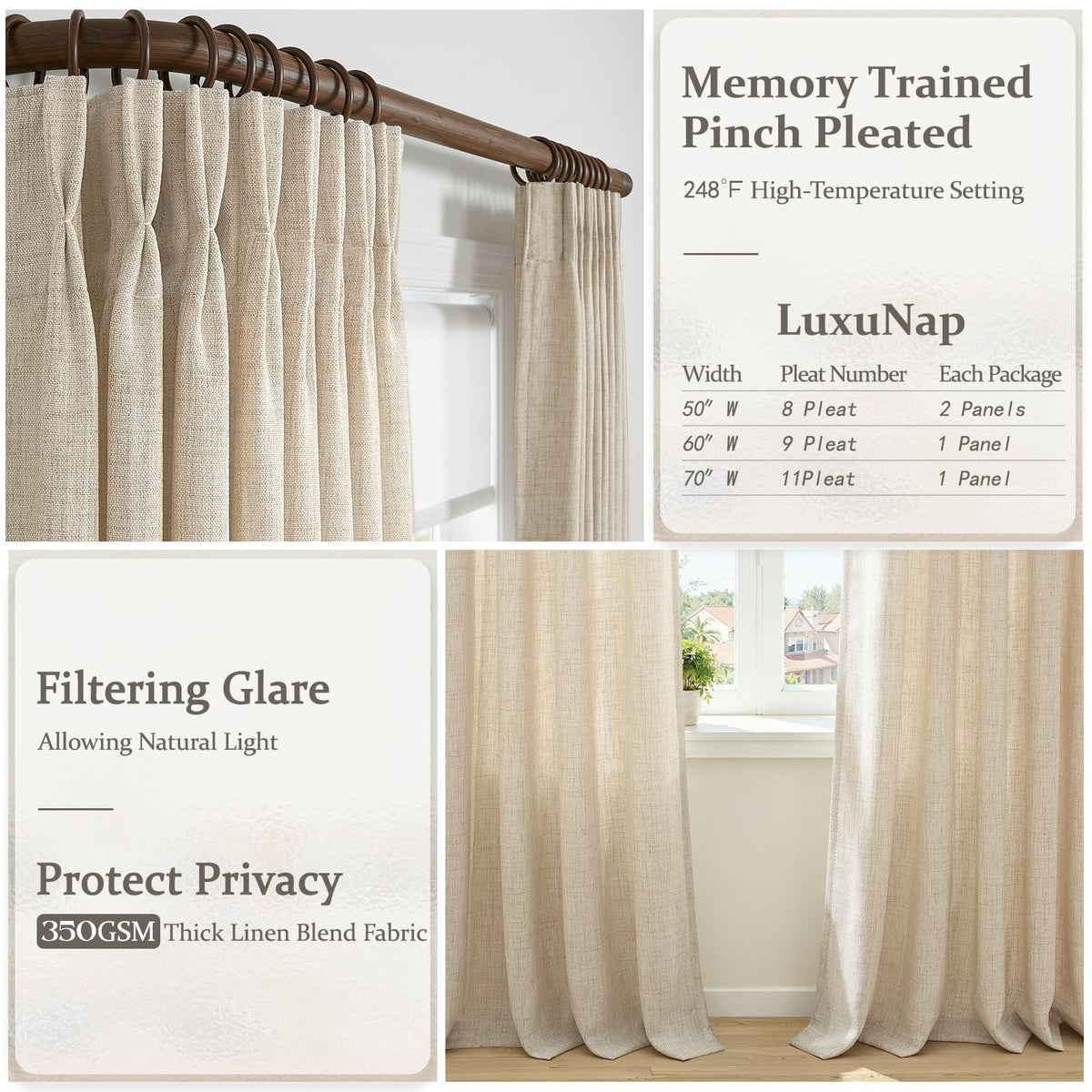 Natural Linen Pleated Curtains 86 Inches Long 50 Inch Wide 2 Panels Set D579363