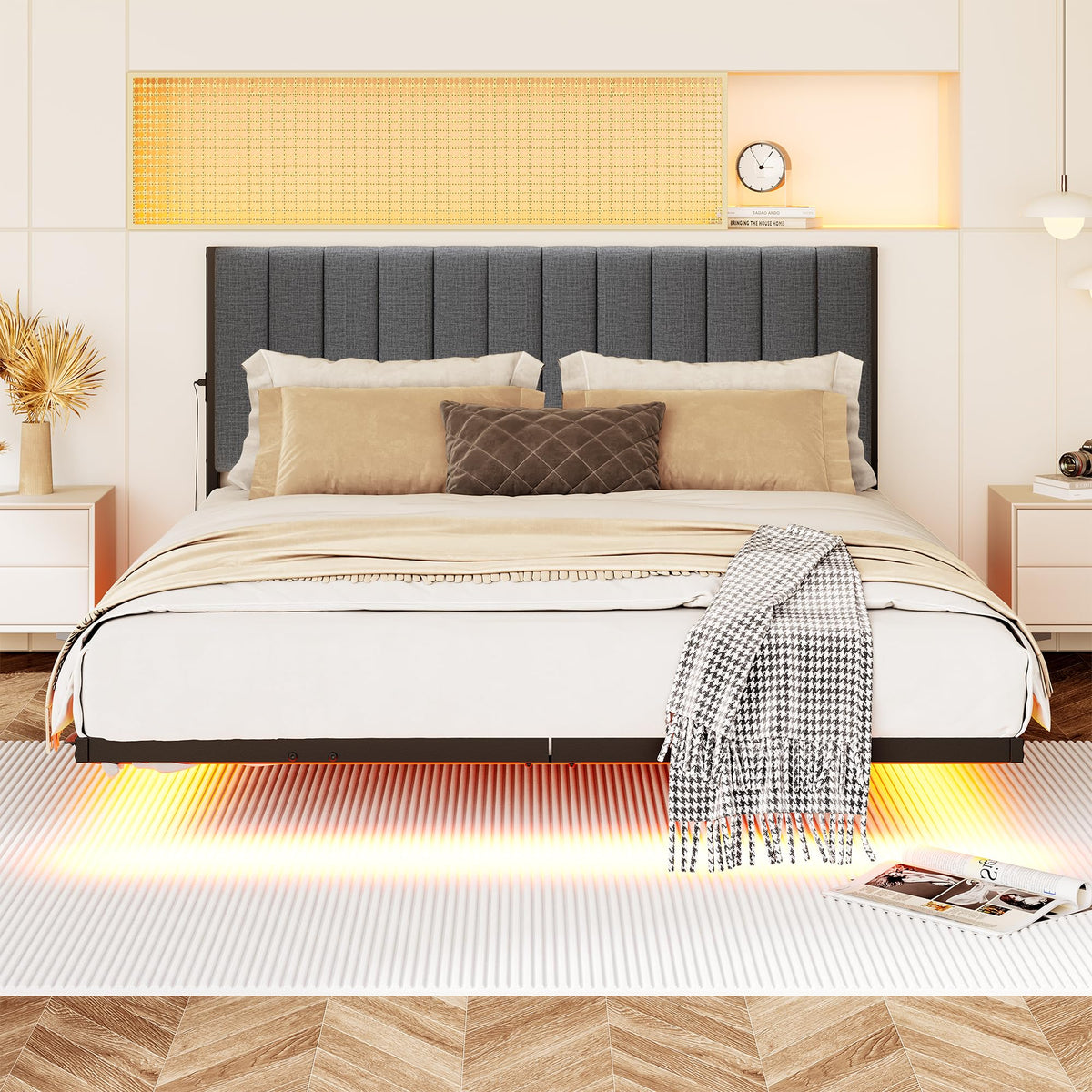 Full Size Metal Platform Bed Frame with LED Lights and Charging Port B19233