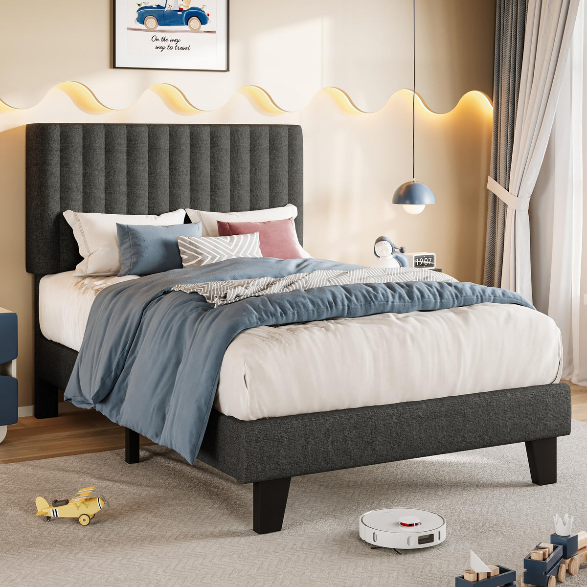 Twin Size Upholstered Linen Platform Bed Frame with Headboard B334