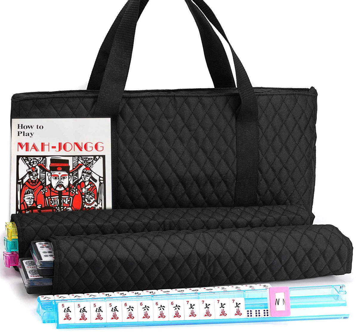 Black Quilted Soft Bag Mahjong Game Set with 166 Tiles and 4 Rack/Pushers D813077