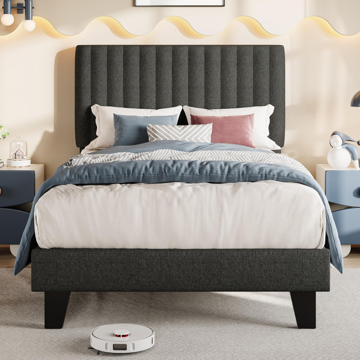 Twin Size Upholstered Linen Platform Bed Frame with Headboard B334