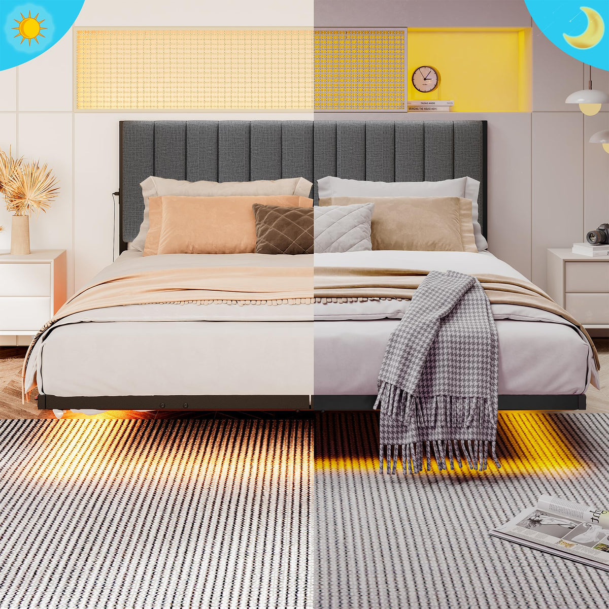 Full Size Metal Platform Bed Frame with LED Lights and Charging Port B19233