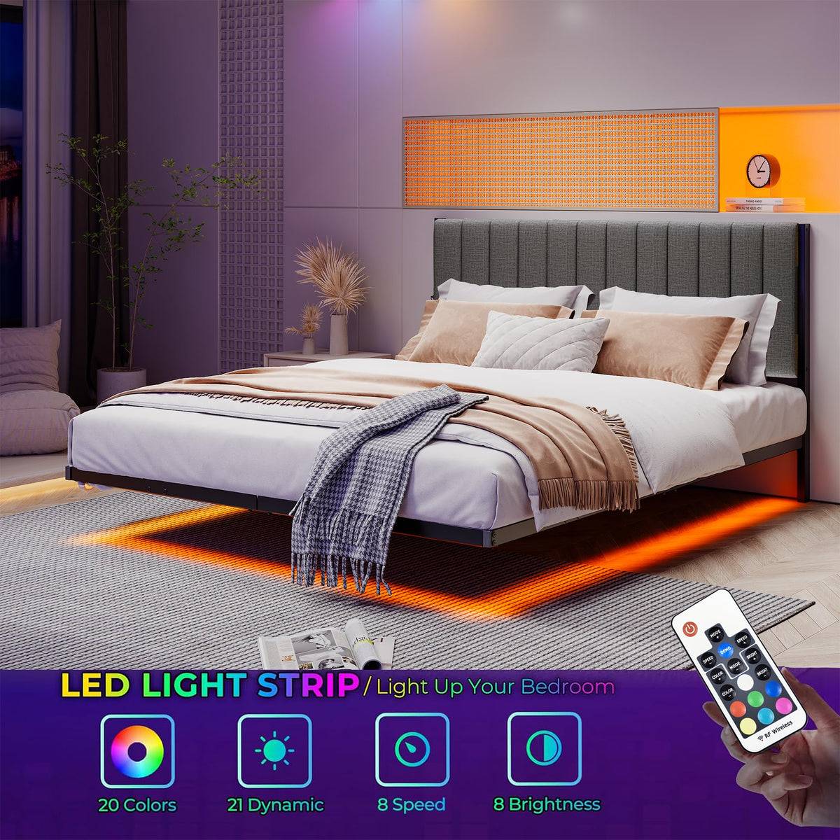 Full Size Metal Platform Bed Frame with LED Lights and Charging Port B19233